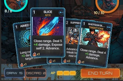 In-game card combat UI showing Slice, Suppress and Shotgun Blast cards in play