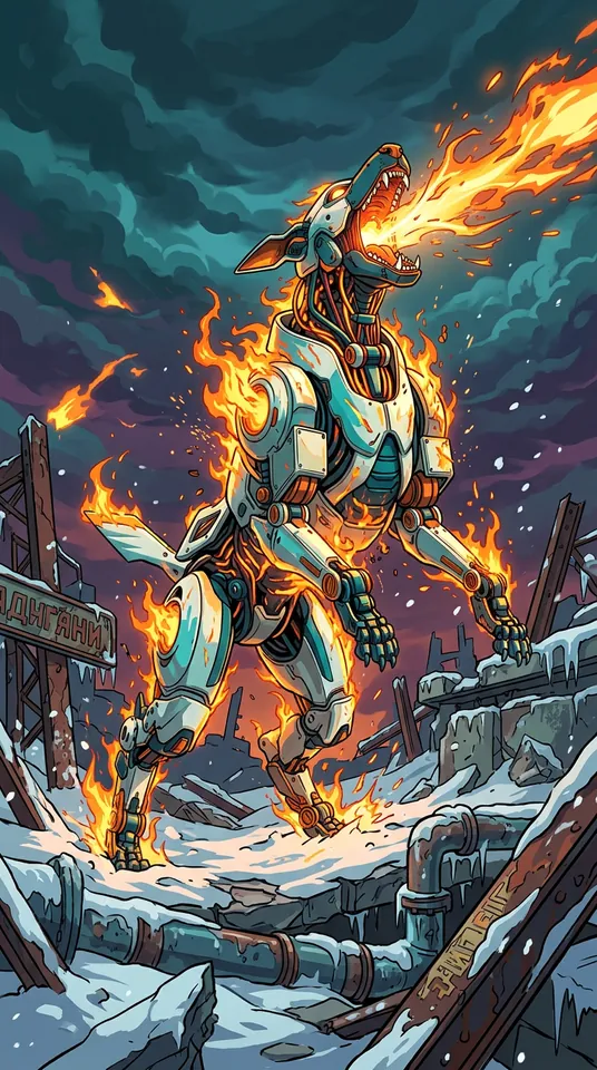Butter Meat rears back and howls, ablaze with fiery energy across a snow-covered industrial ruin