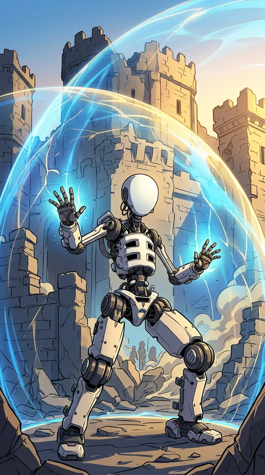 Spook stands defiant before a crumbling fortress at dawn, radiating a hopeful golden barrier