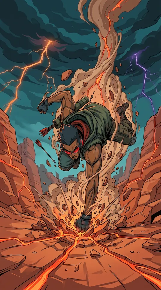 Tu Ling slams down mid-air, shattering a desert canyon and sending glowing fissures erupting